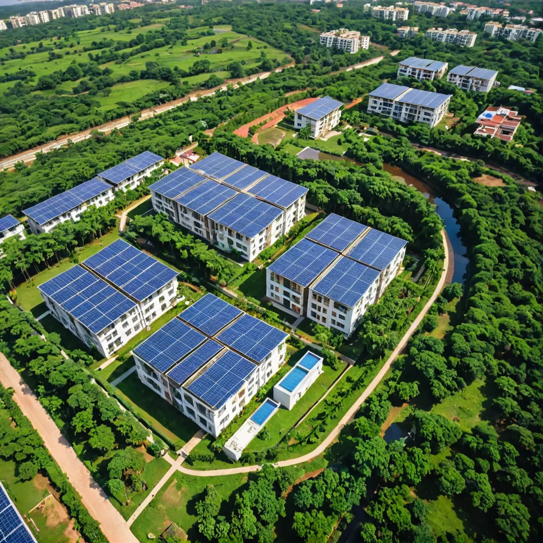 co-friendly housing complex, Alita, nestled in lush greenery, Kacharakanahalli, Bangalore. Aerial view of sustainable community, solar panels, wind turbines, rainwater harvesting systems visible from above. Beautiful blend of modern architecture and nature.