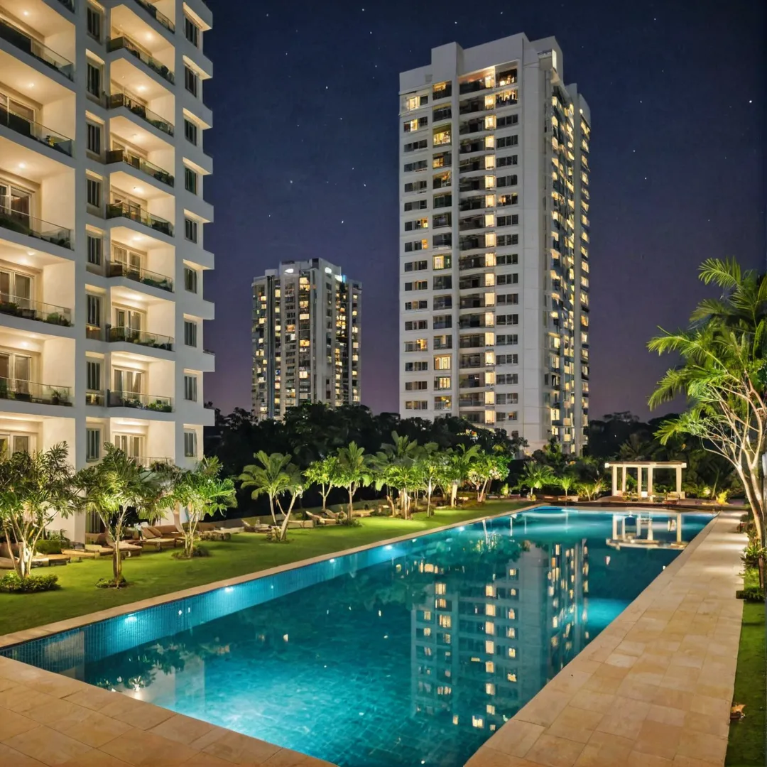 igh-quality photo, Bangalore cityscape at night, Alita residential project, modern architecture, vibrant lights, skyscrapers, green spaces, reflective pool, connected living