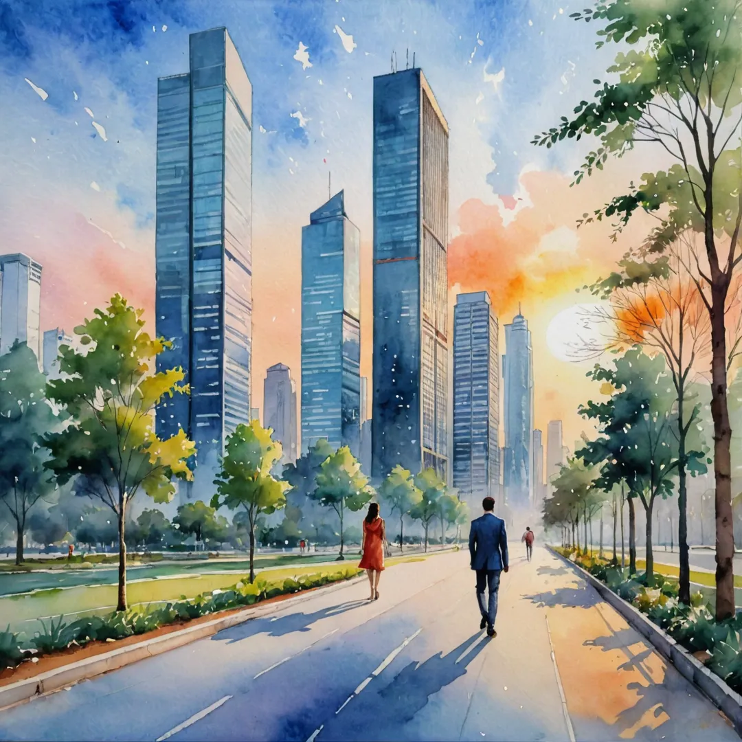 rofessional walking through technology park at sunset, surrounded by watercolor painting of skyscrapers and trees