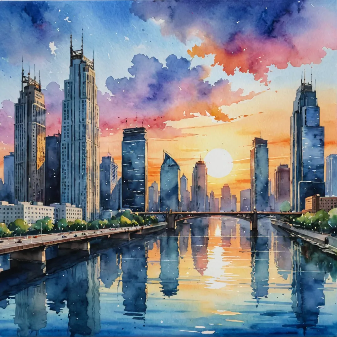 loating watercolor painting of a cityscape at sunset, with tall buildings and bridges silhouetted against the vibrant sky, showcasing Alita's commitment to compliance and trustworthiness in the real estate industry.