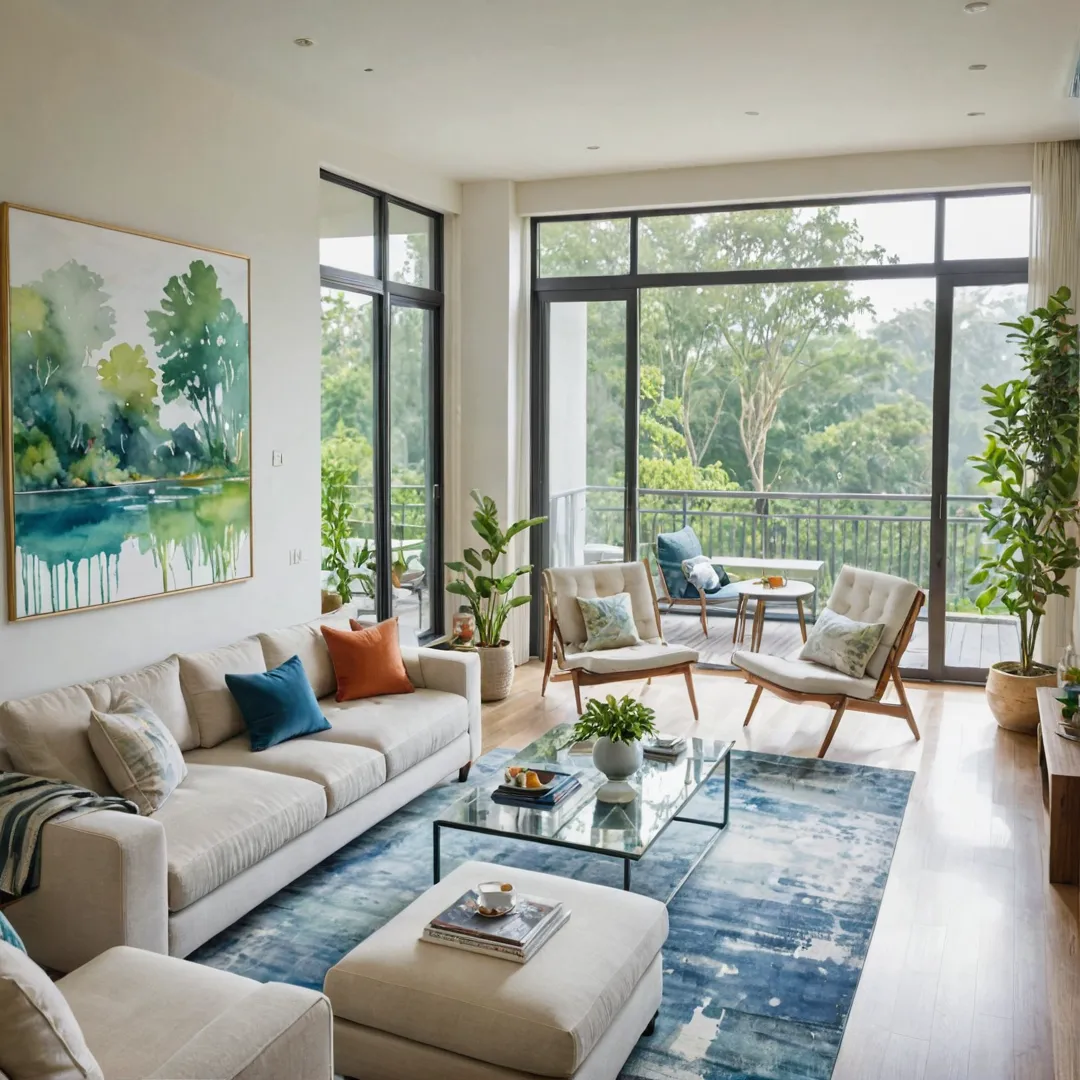 alm living space with modern furniture, floor-to-ceiling windows, greenery views, natural light.