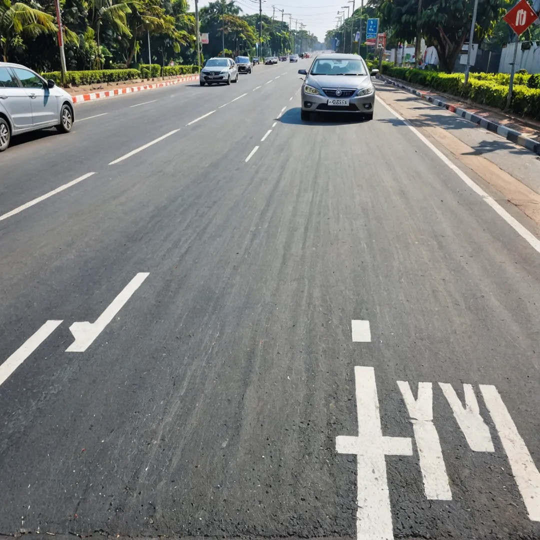 igh detailed photo of a well-maintained road, PWD signage visible, cars passing by on the smooth asphalt surface, bright sunlight illuminating the surroundings