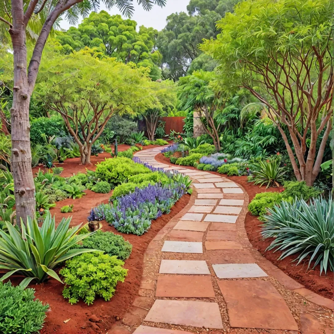 hoto of a lush garden with red soil, trees like jacaranda mimosifolia and mimusops elengi, and plants surrounding a pathway. The scene captures the essence of sustainable living in harmony with nature.