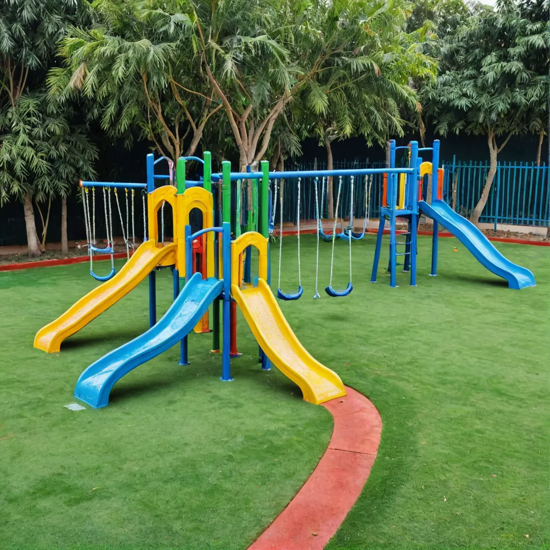 ibrant playground, colorful swings, smiling children, parents socializing, green grass, age-appropriate equipment, safe environment, interactive design, sustainable landscape, rainwater harvesting