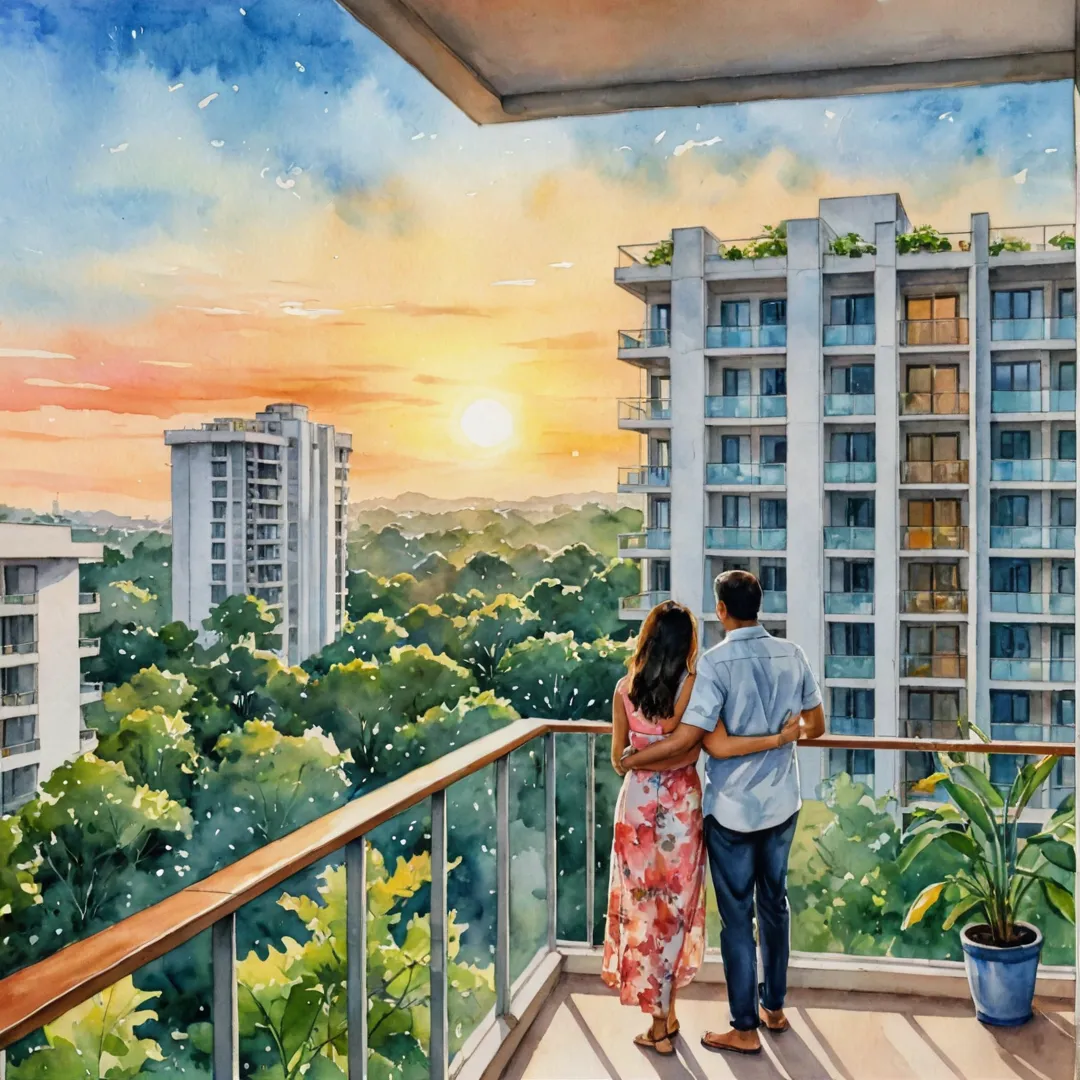 elaxed couple enjoying sunset at their balcony, overlooking lush greenery and modern architecture of Alita in Bangalore.