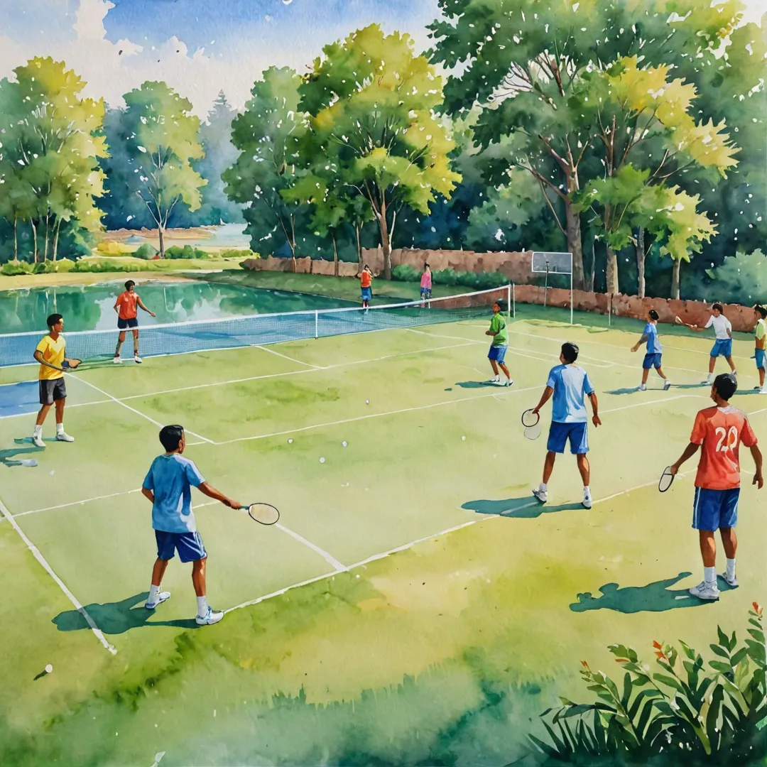 ater color painting of a diverse group of people from various age groups playing badminton, basketball and cricket under the open sky. The scene takes place in an idyllic setting with lush greenery and a serene lake in the background. The vibrant colors of the players' clothes blend harmoniously with the natural surroundings, creating a sense of unity and community. The image captures the essence of the article's message about sports fostering social engagement and promoting an active lifestyle within Alitaa Community.