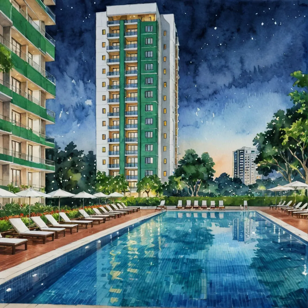 uxury apartments, high-rise buildings, modern architecture, green spaces, swimming pool, fitness center, social gathering areas, urban lifestyle, night view, vibrant colors, Bangalore skyline, Alita