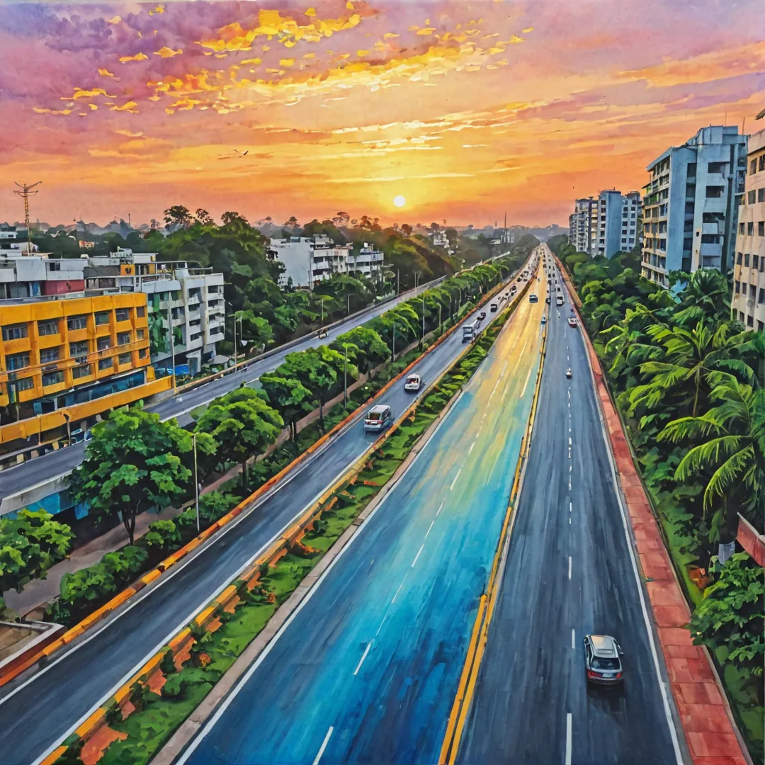 hoto of integrated road system in Alita, Bangalore, India during sunset, showcasing seamless blend of nature and urban infrastructure with vibrant colors.