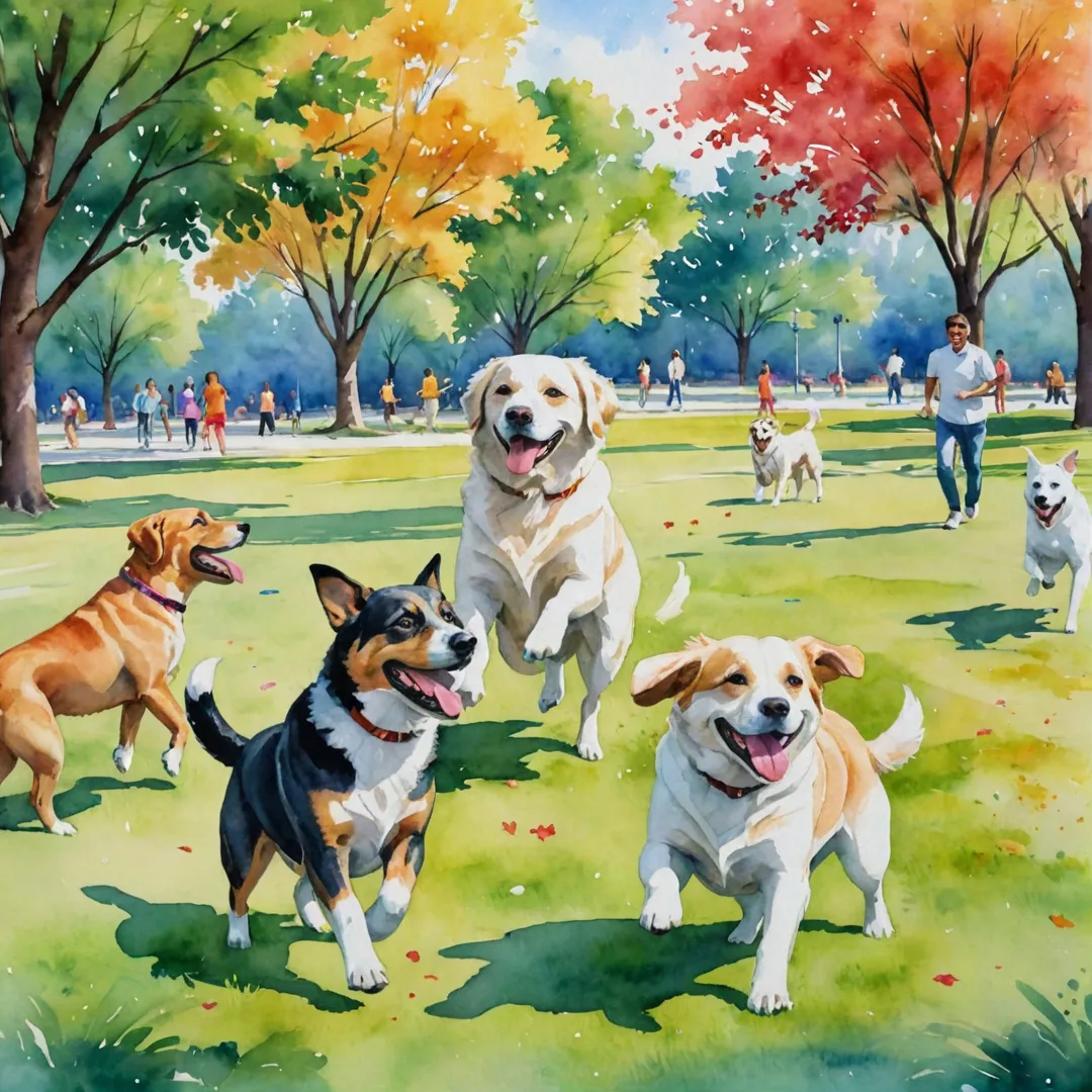 riendly dogs playing together in a colorful, vibrant park. Owners socializing and laughing while their furry companions run around freely. The scene is filled with joy, happiness, and love for our beloved pets.