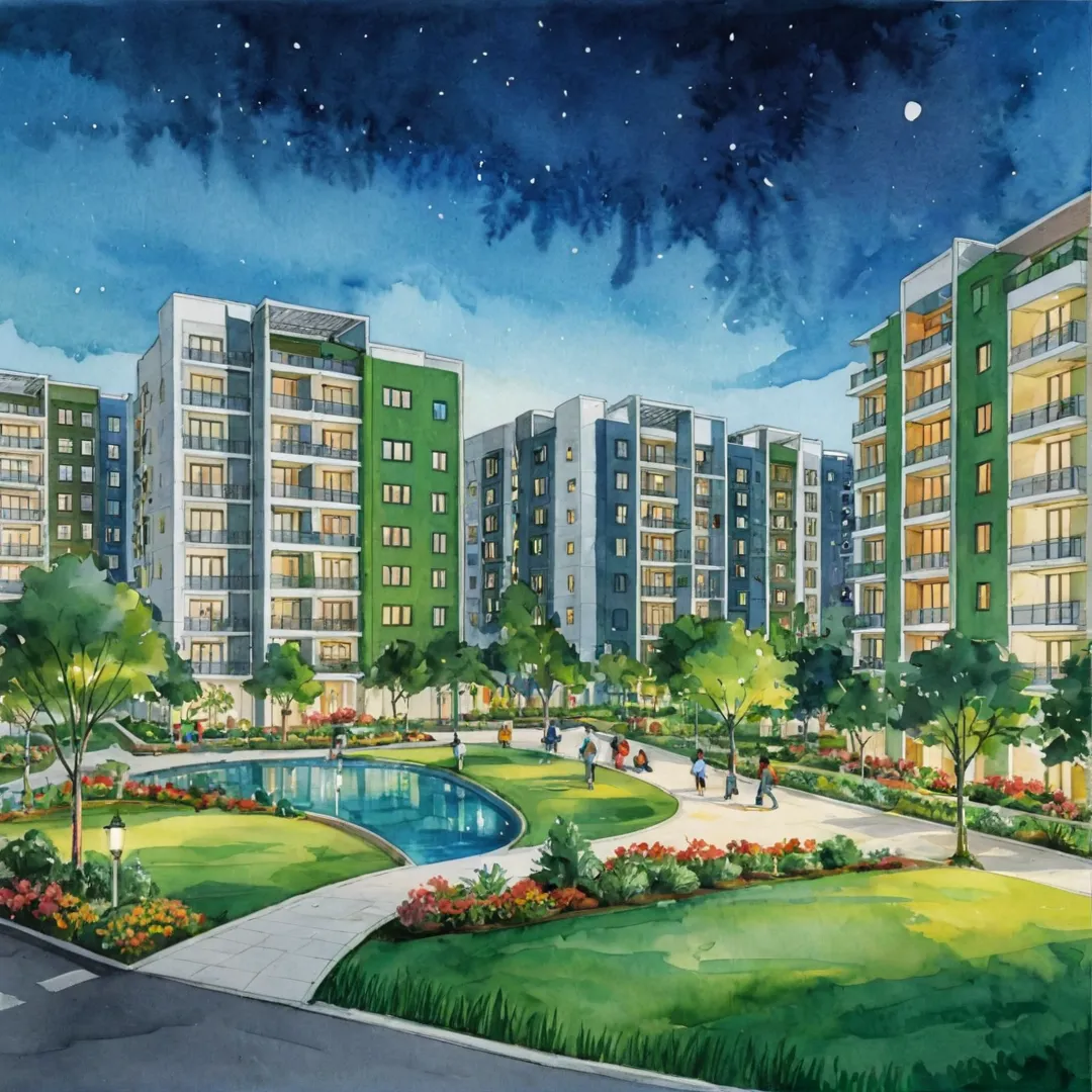 ibrant tech park view, open green spaces, modern residential buildings, smart living concept, close proximity to workplaces, diverse amenities, shared community areas, lush landscaping, sustainable design, active social scene, nighttime perspective