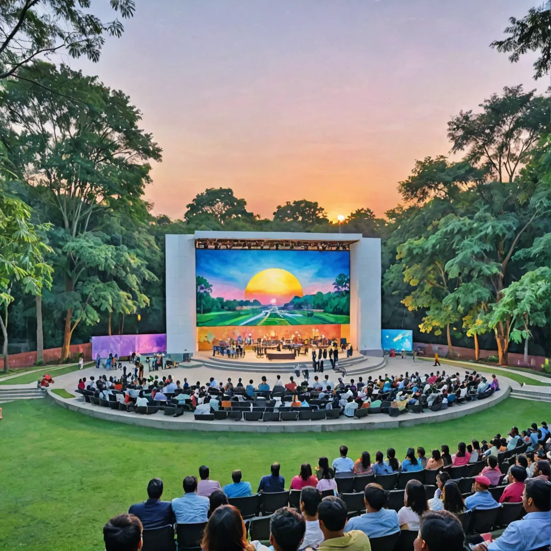 atercolor painting of a sunset scene at an outdoor amphitheater, with people gathered around listening to music or engaging in conversations. The stage is illuminated by colorful lights and features a large projection screen displaying images related to technology and innovation. In the distance, one can see several buildings representing tech parks, their windows lit up as workers stay late in their offices. The amphitheater itself is surrounded by lush greenery and trees, creating a serene yet vibrant atmosphere that captures the essence of Alita's connection to nearby tech park dynamics.