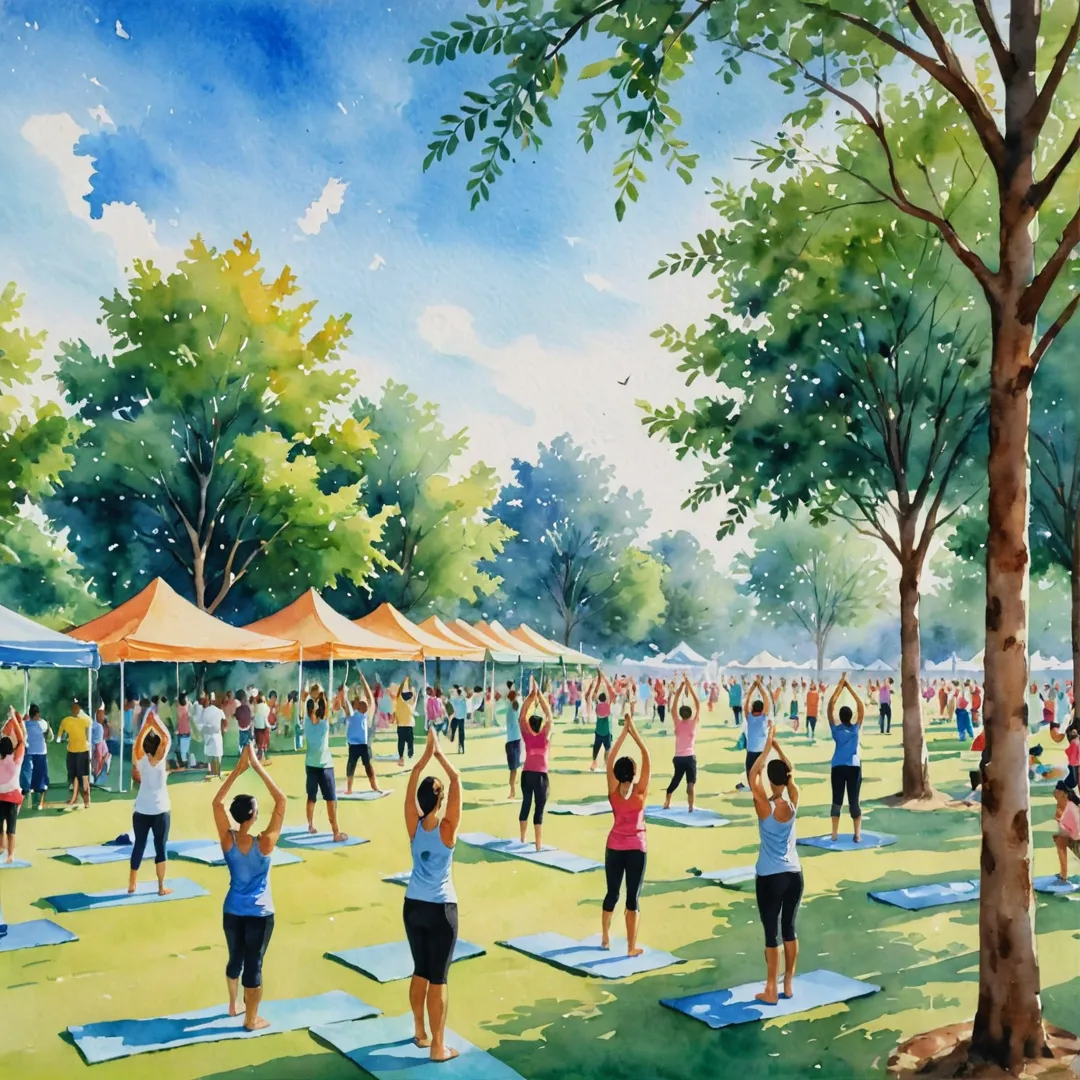 ater color painting of a vibrant outdoor community event, people engaged in various fitness activities, yoga poses, cricket game, healthy food stalls nearby, trees and plants providing shade, greenery everywhere, calm blue skies, warm sunlight, lively atmosphere