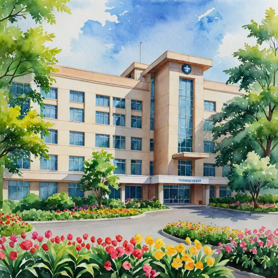 ibrant watercolor painting of a hospital building, surrounded by lush greenery and colorful flowers, basking in warm sunlight, serene environment, tranquil, inviting, modern architecture, medical hub, wellness guide