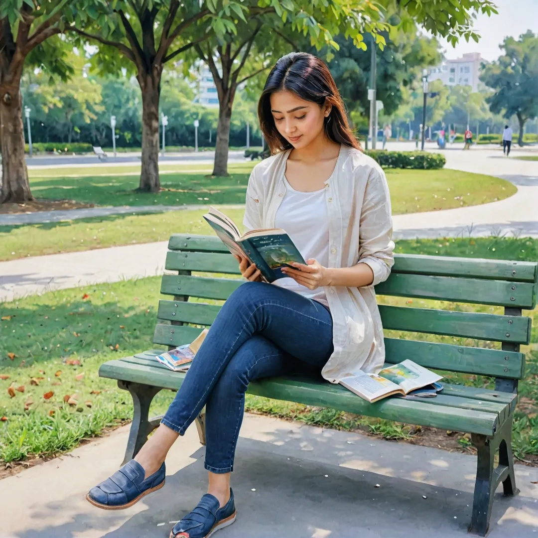 erson sitting on a bench, reading a book, watercolor painting, First Technology Park, Alita, serene environment.