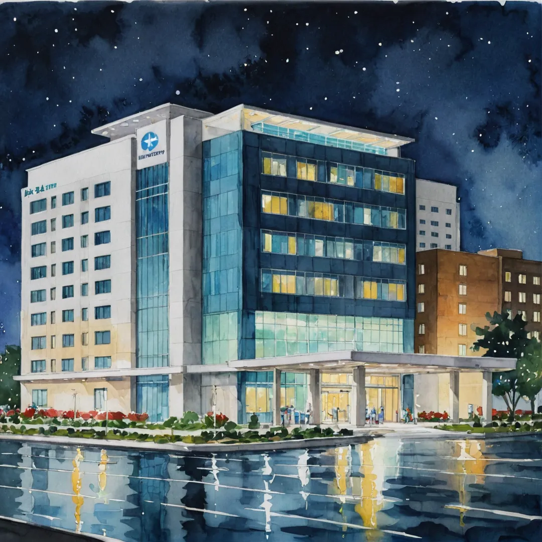 hoto of modern hospital exterior, sleek design, bright lights, close-up, nighttime, bustling city.