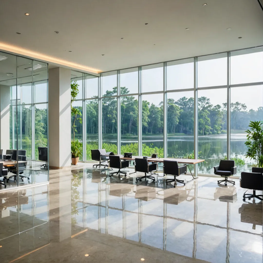 legant office building with large windows, reflecting the lush greenery and serene lake outside. The sunlight streams through, casting warm hues over a modern workspace filled with employees collaborating at various stations. A high-tech conference room with floor-to-ceiling glass walls showcases advanced technology and innovative design while maintaining an eco-friendly ambiance.