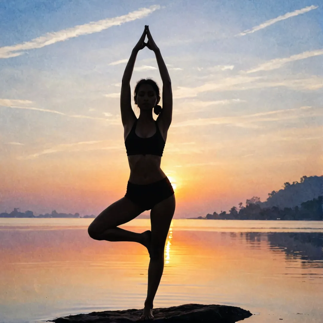 oman practicing yoga at sunset, silhouette against sky