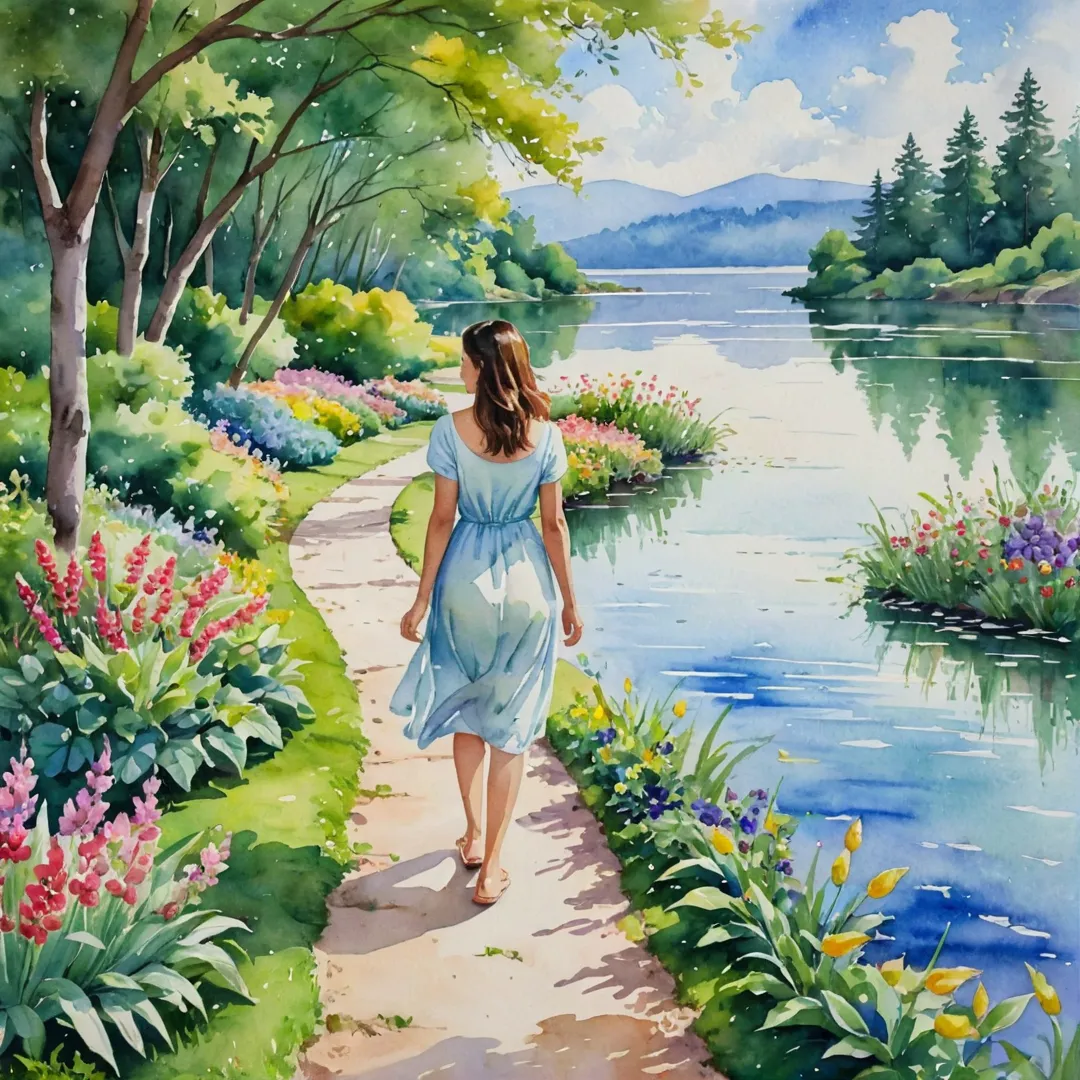 atercolor painting of a woman walking on a lush green path, surrounded by nature, her face expressing contentment and relaxation as she feels the different textures under her feet. The path is adorned with colorful flowers, and in the background, one can see a peaceful lake with ducks swimming serenely. The sky is filled with fluffy white clouds, casting soft shadows on the ground beneath them, creating an idyllic scene of tranquility and wellness.