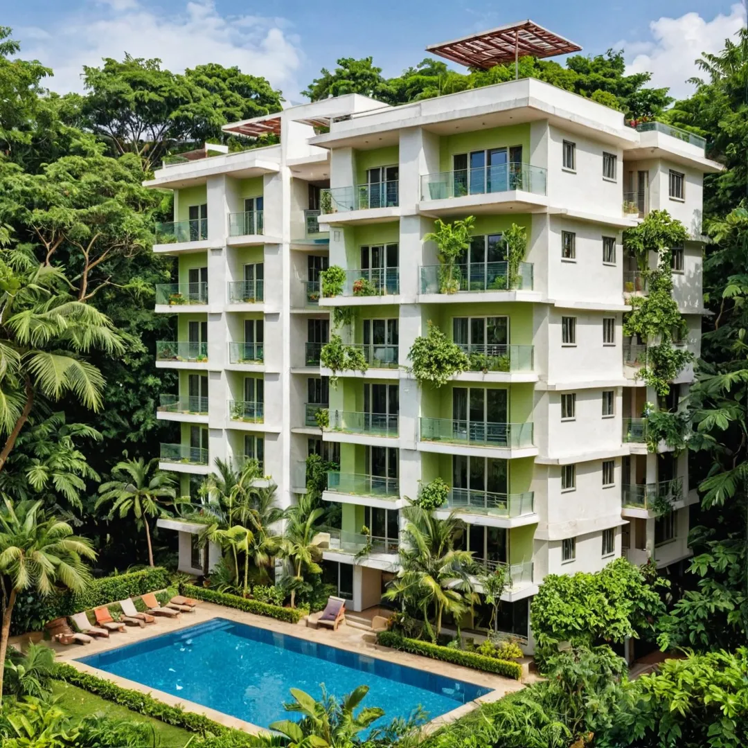 hoto of modern apartment building, blending traditional and contemporary design elements, surrounded by lush greenery, harmonious living environment, Bangalore, India