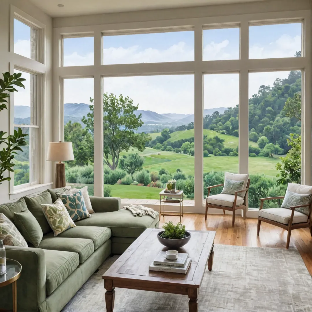 atercolor painting of a cozy living space with an open layout, featuring large windows that allow natural light to pour in. The room showcases a comfortable workspace area and a spacious dining table surrounded by elegant chairs. A stylish sofa adorns the adjacent seating area, inviting residents to relax and unwind after a long day. In the distance, lush greenery and rolling hills can be seen through the windows, creating a serene backdrop for this inviting home.