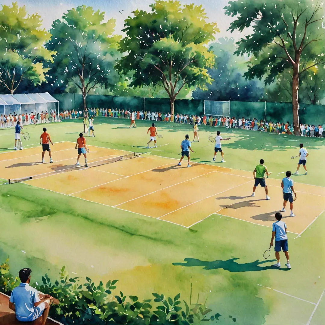 ater color painting of a vibrant sports complex, with players engaged in various activities like badminton, basketball and cricket, surrounded by lush greenery and a cheerful crowd watching from the sidelines. The scene is bathed in warm evening light, highlighting the sense of community and camaraderie present at the event.