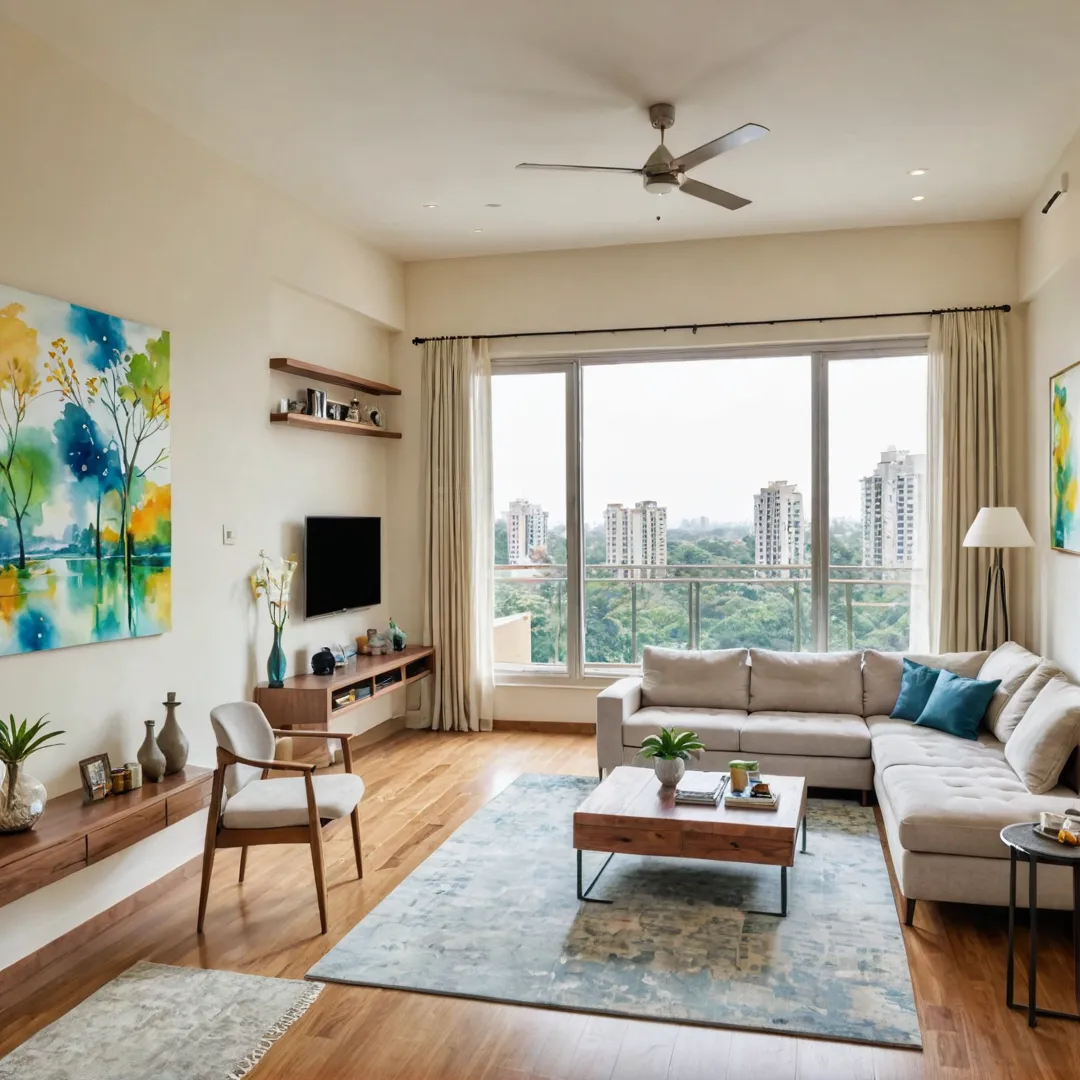 odern living room, sleek furniture, large windows, natural light, contemporary artwork, cozy ambiance, open floor plan, hardwood floors, chic decor, spacious layout, East Bangalore skyline.