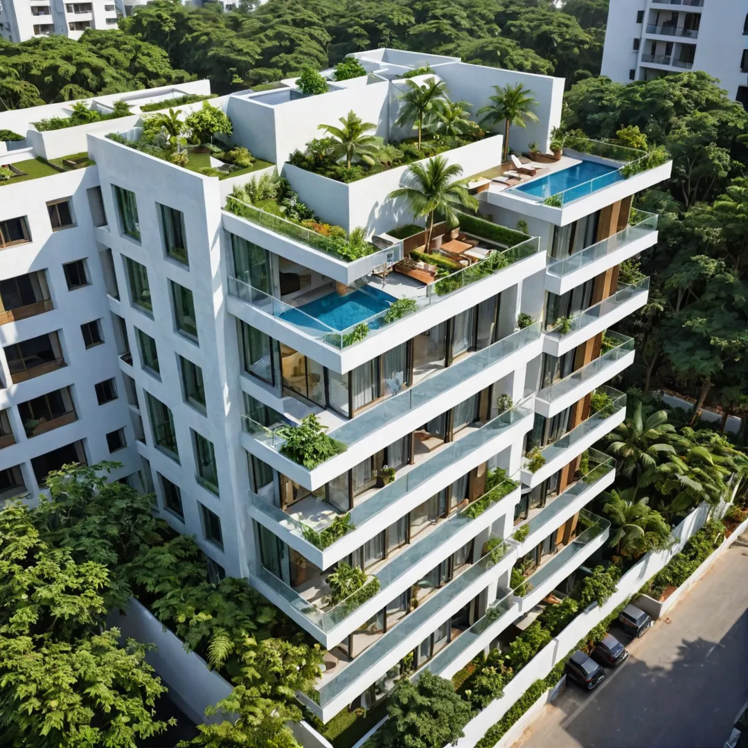 ender of Alita, Bangalore East project, architectural design, modern structure, glass facade, balcony, greenery integration, luxury living spaces, urban environment, sunlight streaming in, birds eye view