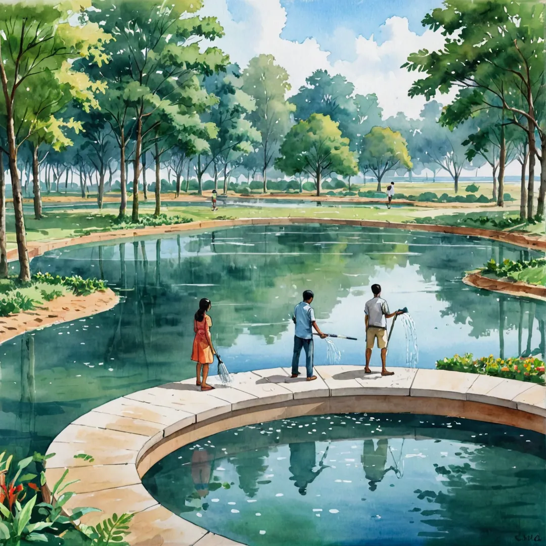 ender of Alita Eco-friendly Strategy: Rainwater harvesting system at Kacharakanahalli Lake, raising groundwater table, green landscape with trees and plants, people enjoying the lake, ecologically sound infrastructure, sustainable development concept.