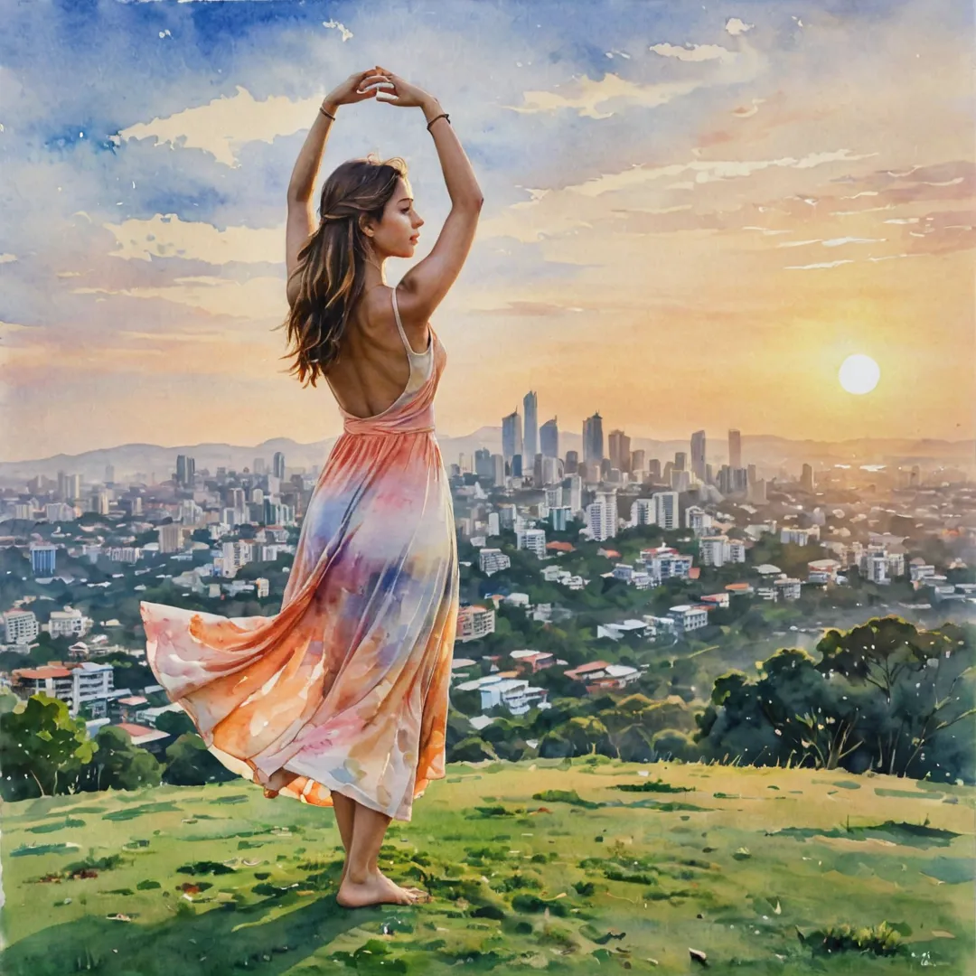 atercolor painting of a young woman in yoga pose, wearing a flowy dress, standing on a grassy hill overlooking the cityscape of Bangalore, with the sun setting behind her, casting warm colors across the scene.