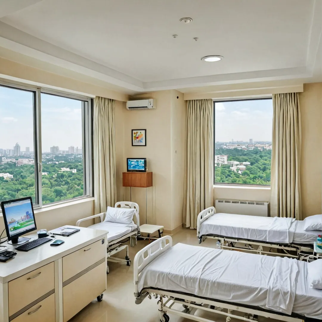 uxurious hospital room, advanced technology, attentive medical staff, prime location, Bangalore skyline