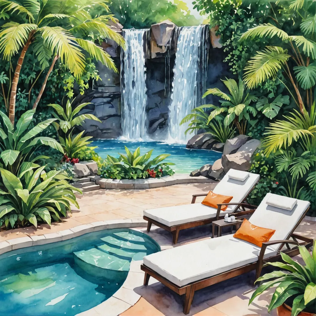 elaxing poolside with friends, enjoying a refreshing beverage, sunbathing on comfortable loungers, surrounded by lush greenery and the calming sound of waterfalls.