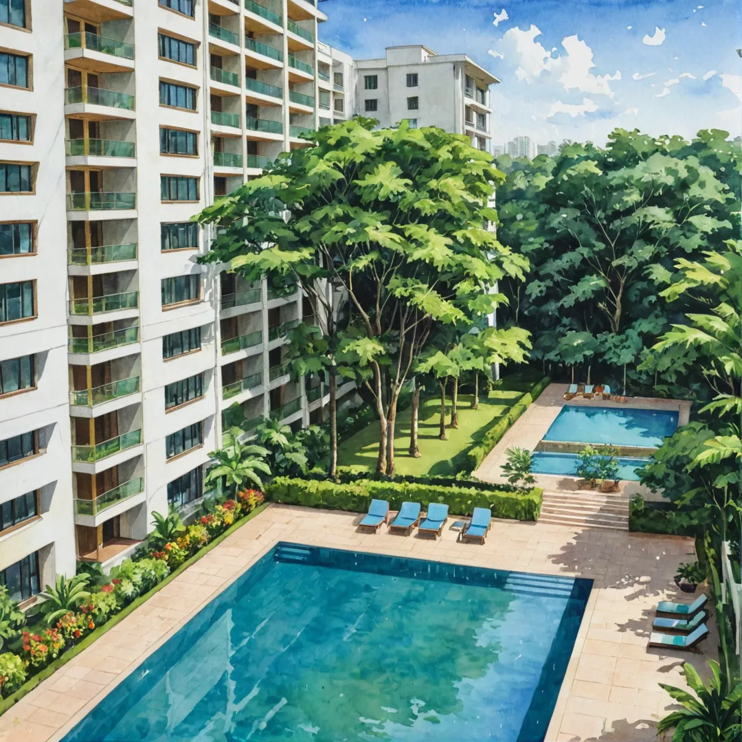 ush greenery, modern architecture, Bangalore skyline, luxurious apartments, serene landscape, vibrant community spaces, swimming pool, badminton court