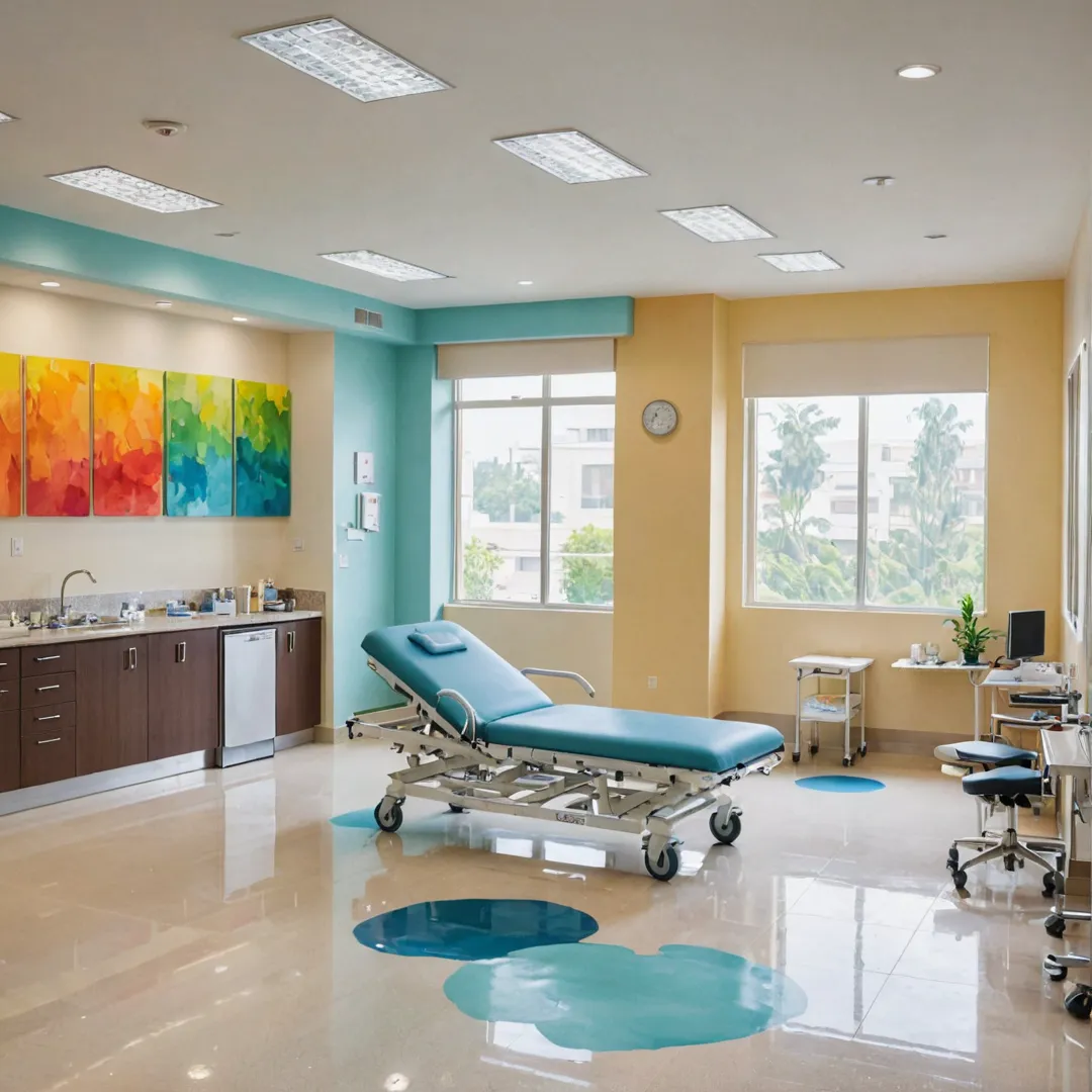 ealthcare facility interior, modern design, bright colors, cleanliness, organized layout, equipment, medical staff, comfortable environment, Alita community, patient care