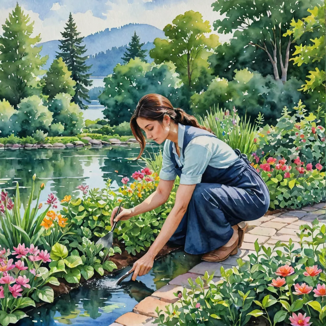  woman tending to an herb garden, meticulously weeding and pruning while surrounded by lush greenery and colorful blooms. In the background, a serene lake reflects the peaceful scene, adding to the tranquility of the environment. The watercolor painting captures the essence of community and sustainability as depicted in the article.