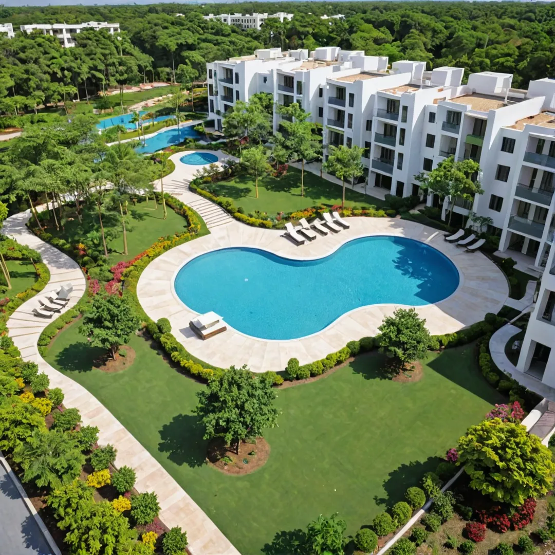 ibrant residential community, green spaces, trees in bloom, lush living, Alita project, modern architecture, nature-inspired design, landscaped gardens, colorful flowers, outdoor seating areas, swimming pools, badminton courts, clubhouse, shared workspace lounge