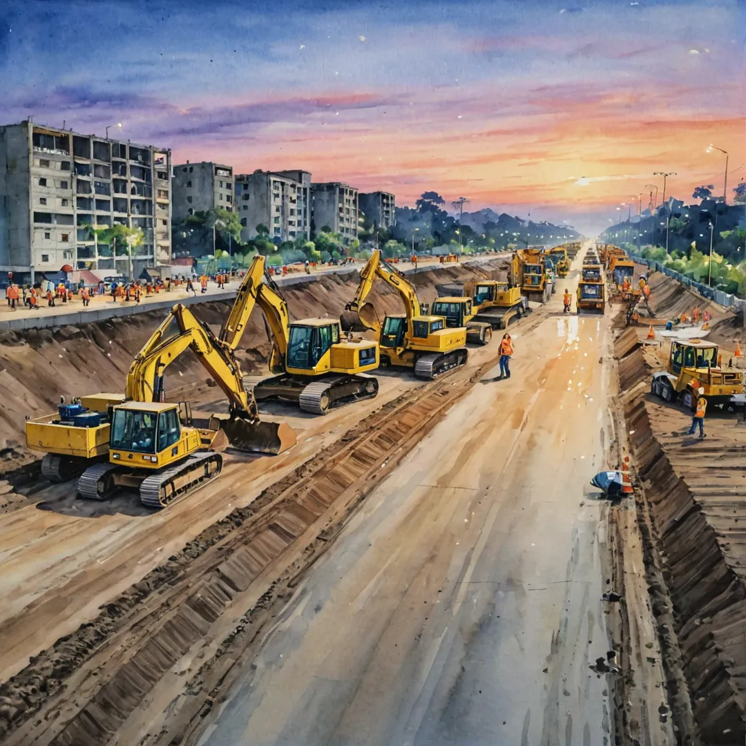 igh-quality image of a road construction site at dusk, showcasing heavy machinery and workers adhering to State PWD guidelines. The scene should emphasize the attention to detail and commitment to sustainable infrastructure in Alita's development.