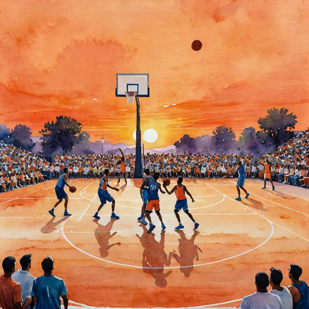 atercolor painting of a basketball game in progress at sunset, featuring vibrant colors and silhouetted players against the orange sky. The court is surrounded by excited spectators, with a sense of community and camaraderie in the air.