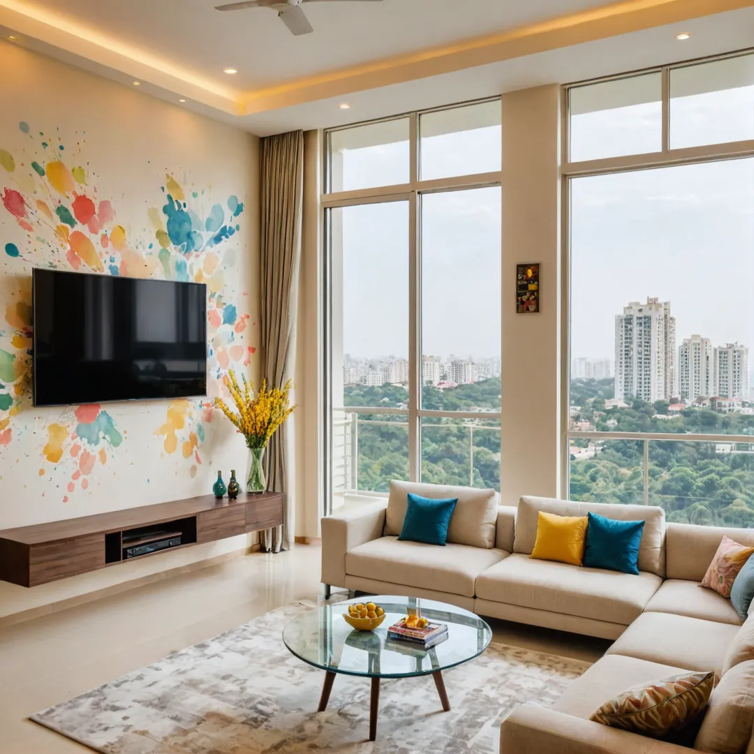 odern living room, spacious, high ceiling, floor-to-ceiling windows, large TV, comfortable seating, warm lighting, minimalist decor, cityscape view, Bangalore East, Alita residential project