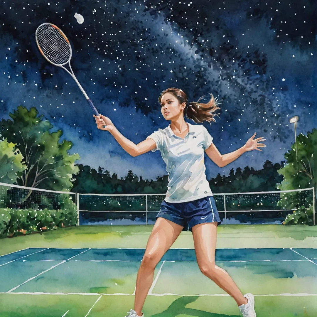 atercolor painting of a young woman playing badminton in a gated community under a starry sky. The background features lush greenery and a serene lake, while the foreground showcases the player's intense focus as she swings her racquet. The image captures the essence of sportsmanship and community engagement within the picturesque setting of Alita at night.