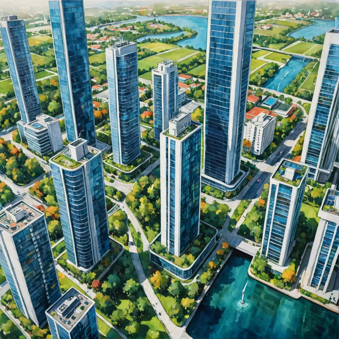 hoto of a futuristic cityscape, focus on sustainability and community living, high-rise buildings with green spaces, clean energy sources like solar panels or wind turbines, people interacting in shared outdoor areas, vibrant colors and modern architecture, aerial view perspective