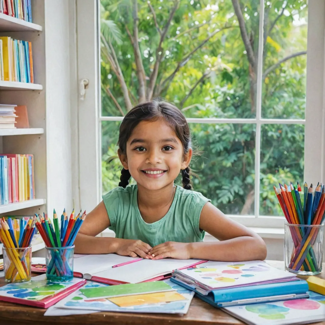 ater color painting of a happy child sitting at a desk, surrounded by colorful books and stationery, with a peaceful smile on her face, as she looks out the window towards a lush green park outside, where other kids are playing happily.