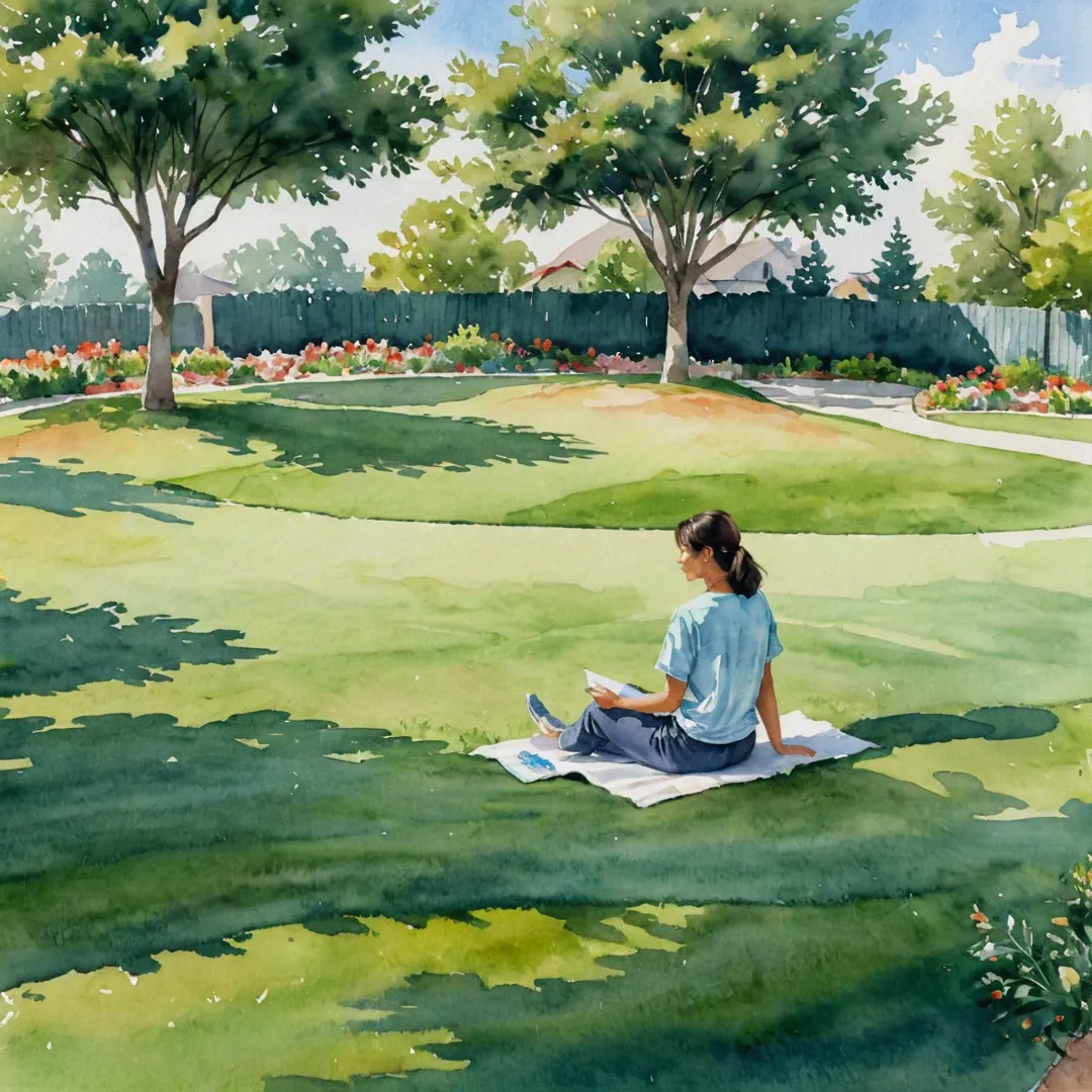 erson relaxing on grass mound, outdoor community space, serene atmosphere, gated neighborhood, social interaction, tranquility, nature, connection