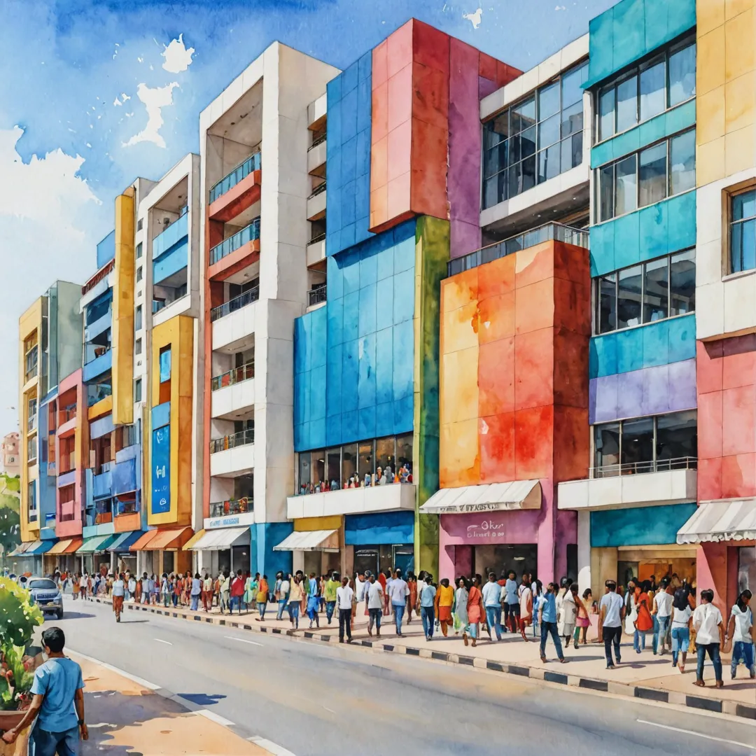 ibrant shopping mall, colorful facades, bustling crowd, modern architecture, Whitefield skyline, Alita neighborhood, entertainment options, dining experiences, lifestyle choices, urban living