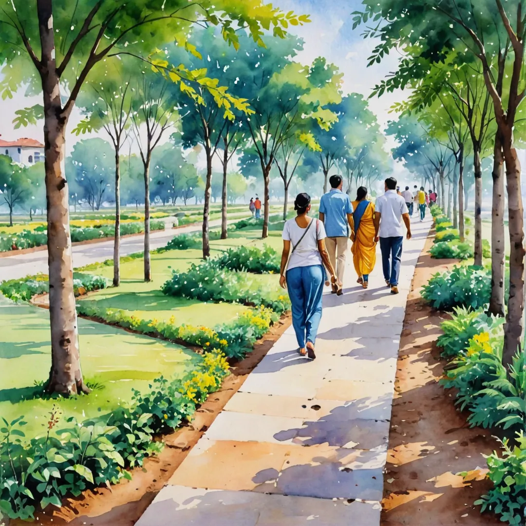 eople walking on a well-designed footpath, interacting with each other in a lively community, enjoying the greenery and open spaces.