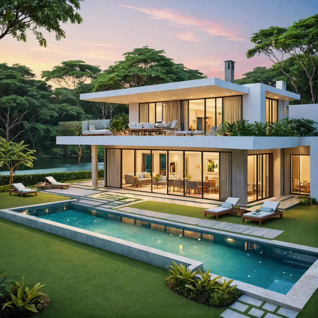 etailed render of a luxurious villa in Alita, Kacharakanahalli. The image showcases the residence surrounded by lush greenery and a serene lake, with a stunning sunset in the background. The villa itself boasts modern architecture with large glass windows, allowing an abundance of natural light to illuminate its spacious interior. The lawn is meticulously manicured and features elegant outdoor seating areas, a pool, and a BBQ station.