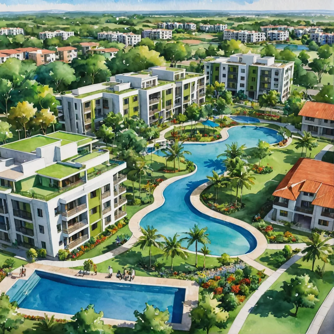 atercolor painting of a beautiful community with diverse housing units, strategically placed green spaces, and vibrant social areas, showcasing the blend of nature and modern amenities in Alita. The image captures the harmony between residents' living quarters and shared spaces, highlighting the serenity and accessibility of this unique development.