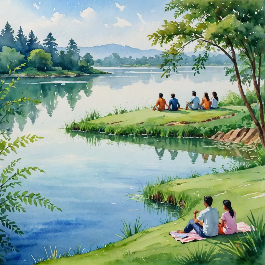 eople relaxing on a grassy mound, enjoying the view of a serene lake, surrounded by lush vegetation.