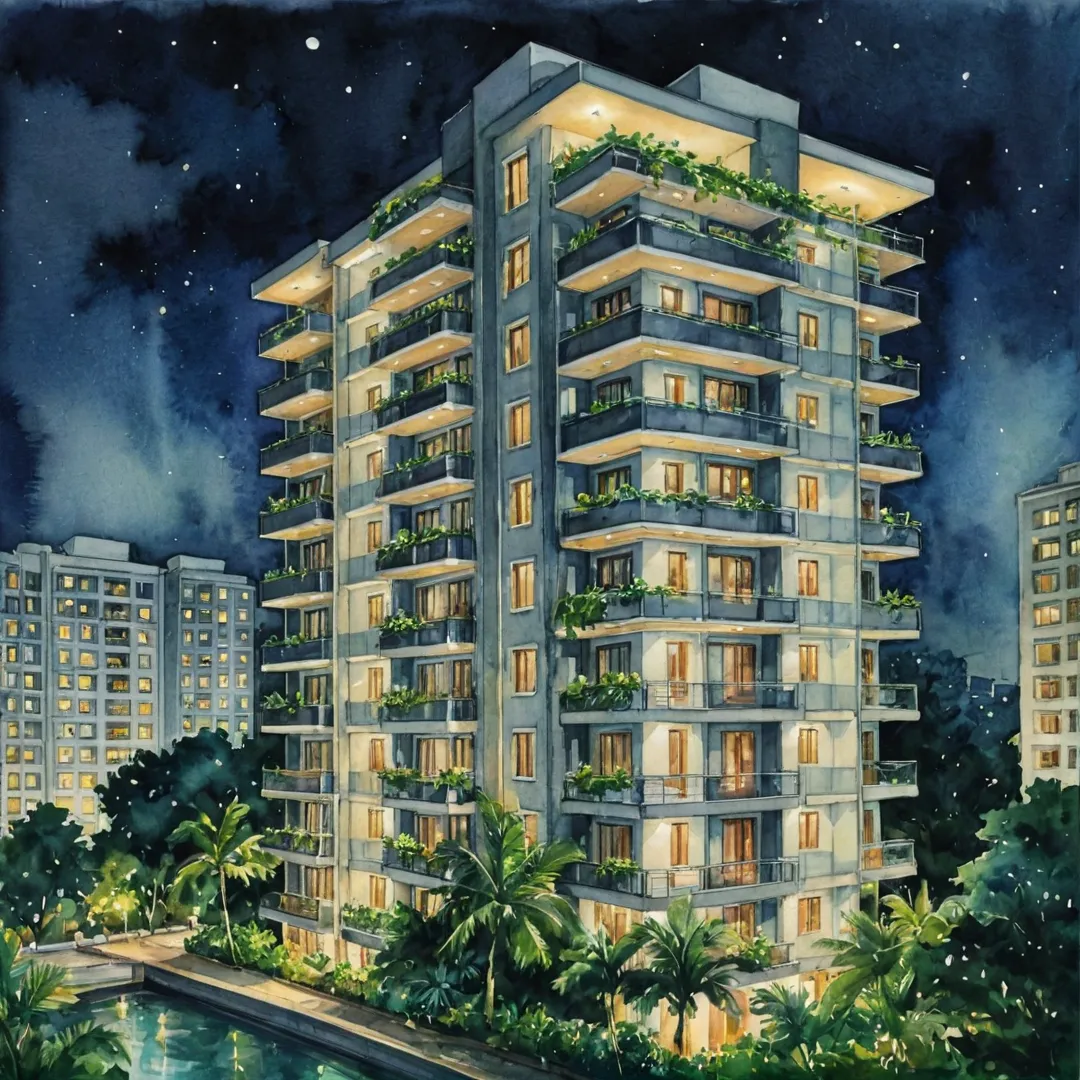 hoto of a luxurious apartment building at night, with spotlights illuminating its modern architecture and lush greenery. The image captures the serene ambiance of Alita amidst the bustling urban landscape, emphasizing its unique blend of comfort and sustainability.