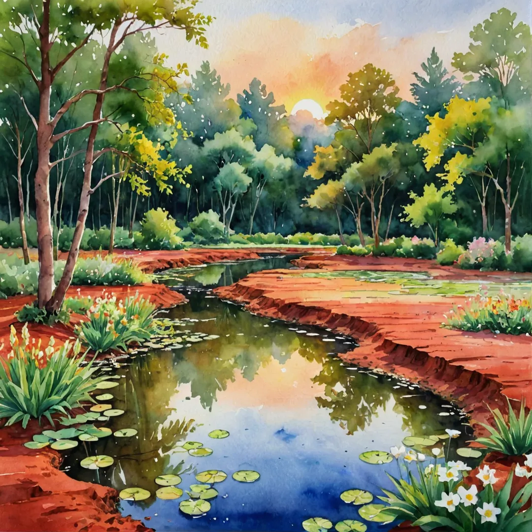 atercolor painting of a vibrant red soil landscape at Alita, with lush greenery and blooming flowers surrounding a serene pond, reflecting the warm colors of the setting sun.