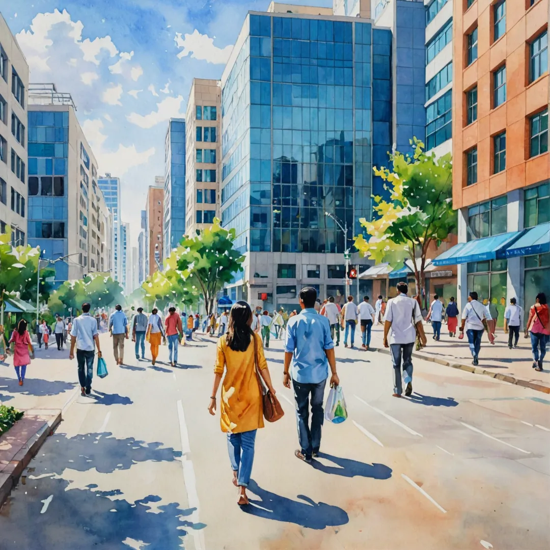 eople walking in a bustling street near tech parks, modern buildings in background, vibrant colors, sunny day.